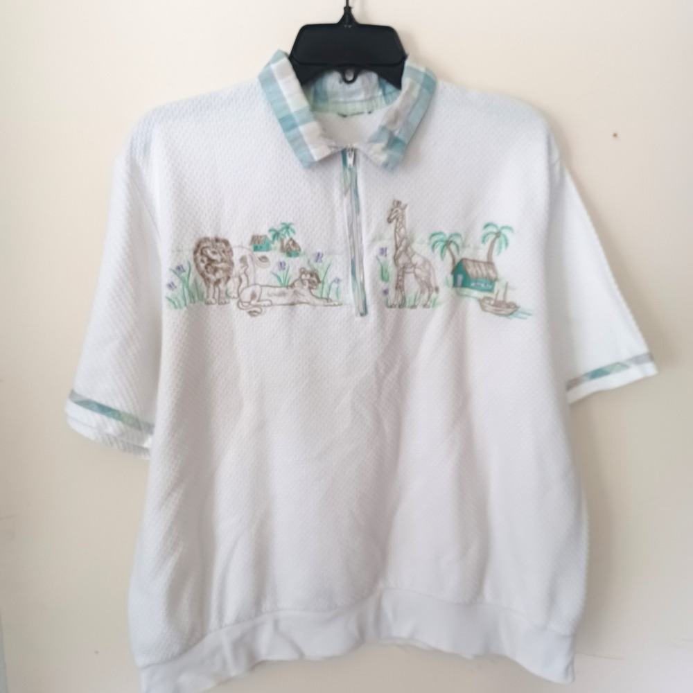 Vintage XL Safari Embroidered Quarter Zip Pullover White Teal Top Jungle Golf‎